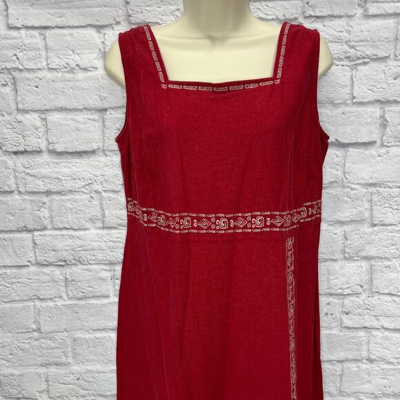 White Stag Womens Maxi Dress Red Linen Size M Embroidered Square Neck Sleeveless - Picture 3 of 7
